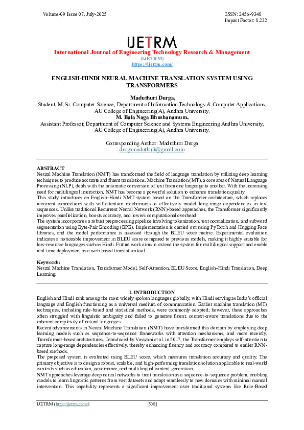 (PDF) ENGLISH-HINDI NEURAL MACHINE TRANSLATION SYSTEM USING TRANSFORMER