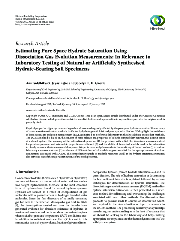 (PDF) Estimating Pore Space Hydrate Saturation Using Dissociation Gas ...