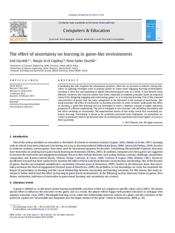 (PDF) The effect of uncertainty on learning in game-like environments