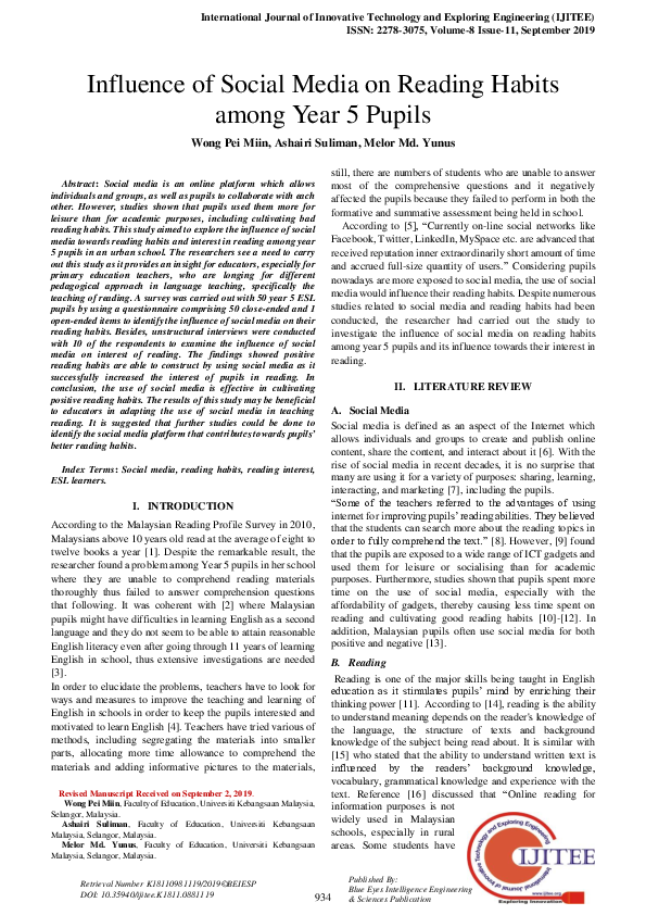 (PDF) Influence of Social Media on Reading Habits among Year 5 Pupils
