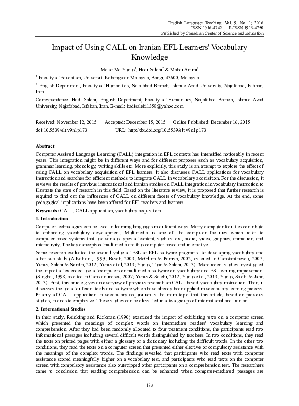 (PDF) Impact of Using CALL on Iranian EFL Learners' Vocabulary Knowledge