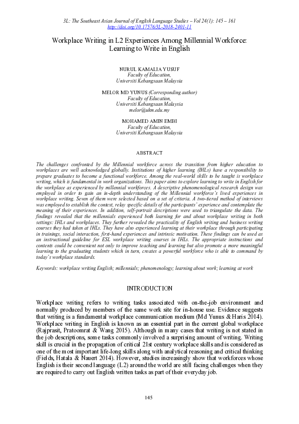 (PDF) Workplace Writing in L2 Experiences Among Millennial Workforce ...