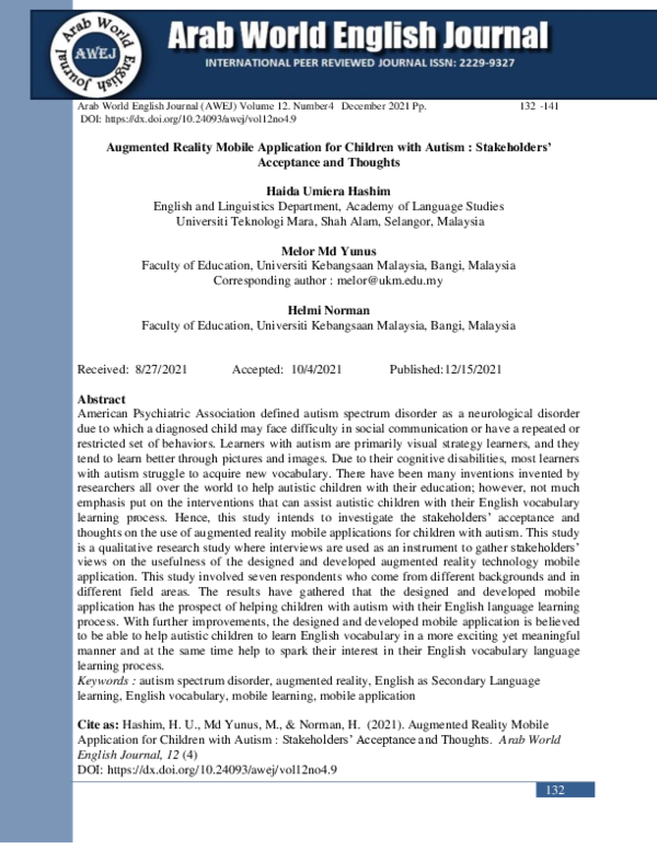 (PDF) Augmented Reality Mobile Application for Children with Autism ...