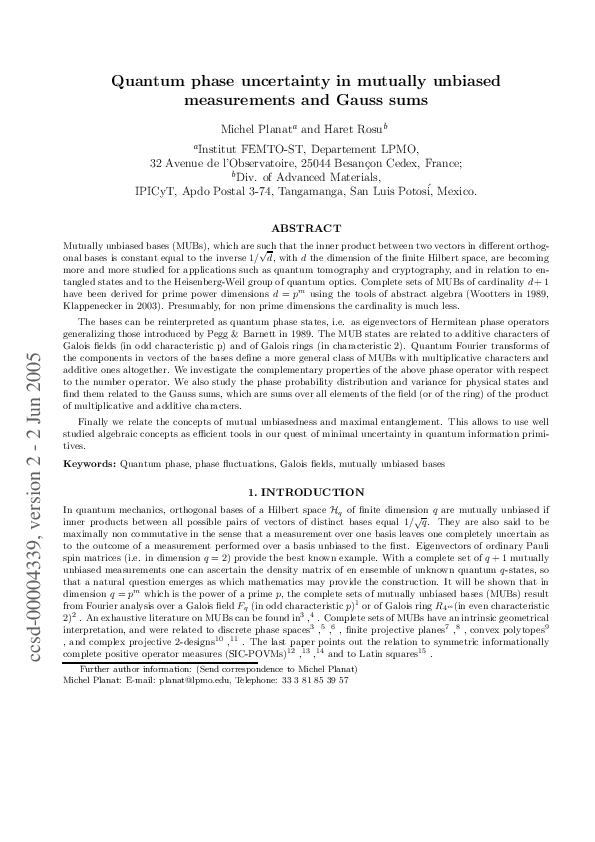 (PDF) Quantum phase uncertainty in mutually unbiased measurements and ...