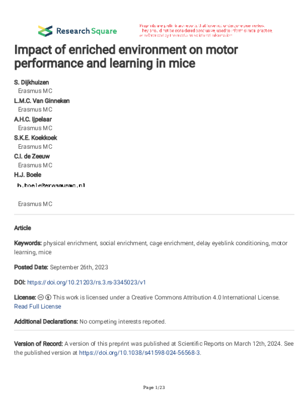 (PDF) Impact of enriched environment on motor performance and learning ...