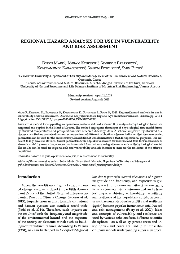 (PDF) Regional Hazard Analysis For Use In Vulnerability And Risk Assessment