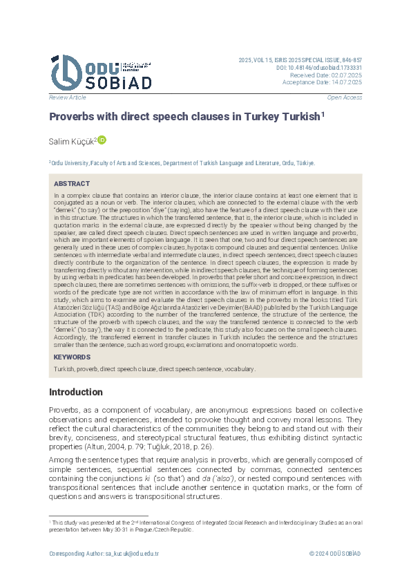 (PDF) Proverbs with direct speech clauses in Turkey Turkish