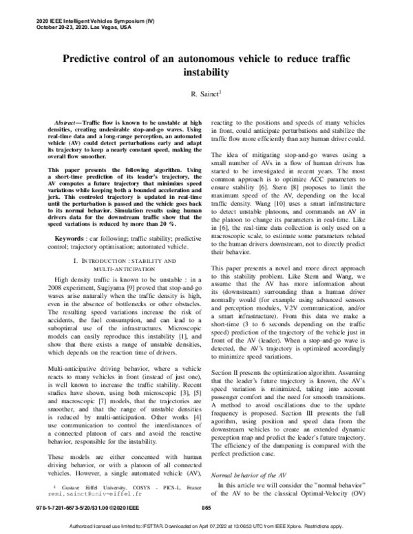 (PDF) Predictive control of an autonomous vehicle to reduce traffic ...