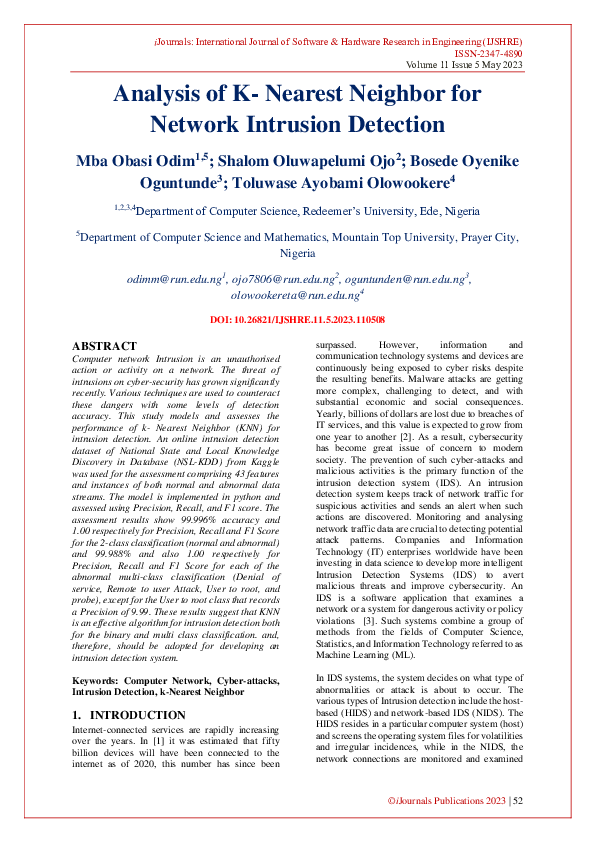 (PDF) Analysis of K- Nearest Neighbor for Network Intrusion Detection