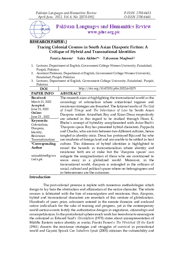(PDF) Tracing Colonial Cosmos in South Asian Diasporic Fiction: A ...