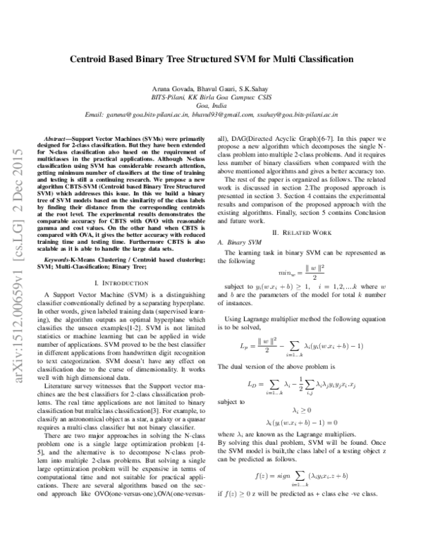 (PDF) Centroid based Binary Tree Structured SVM for multi classification