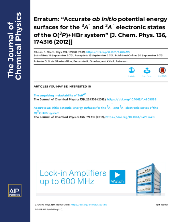(PDF) Erratum: “Accurate ab initio potential energy surfaces for the 3A ...
