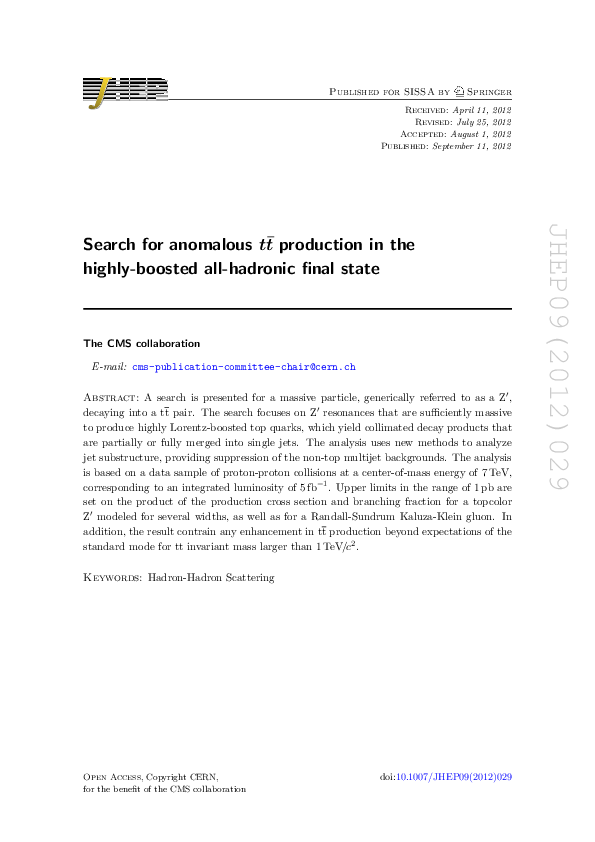 (PDF) Search for anomalous $ t\overline t $ production in the highly ...