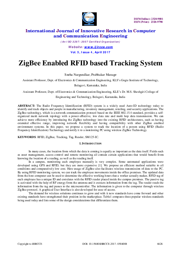 (PDF) ZigBee Enabled RFID based Tracking System