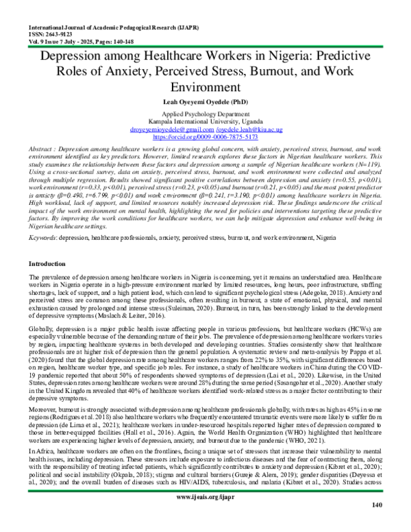 (PDF) Depression among Healthcare Workers in Nigeria: Predictive Roles ...