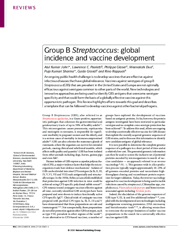 (PDF) Group B Streptococcus: global incidence and vaccine development