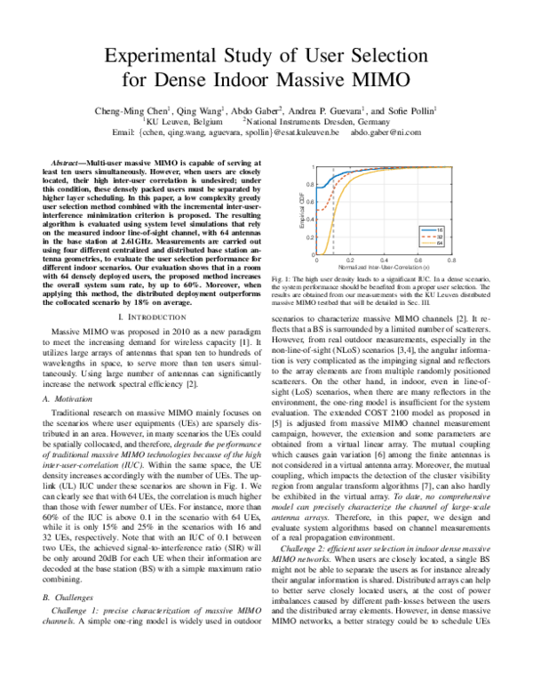 (PDF) Experimental Study of User Selection for Dense Indoor Massive MIMO