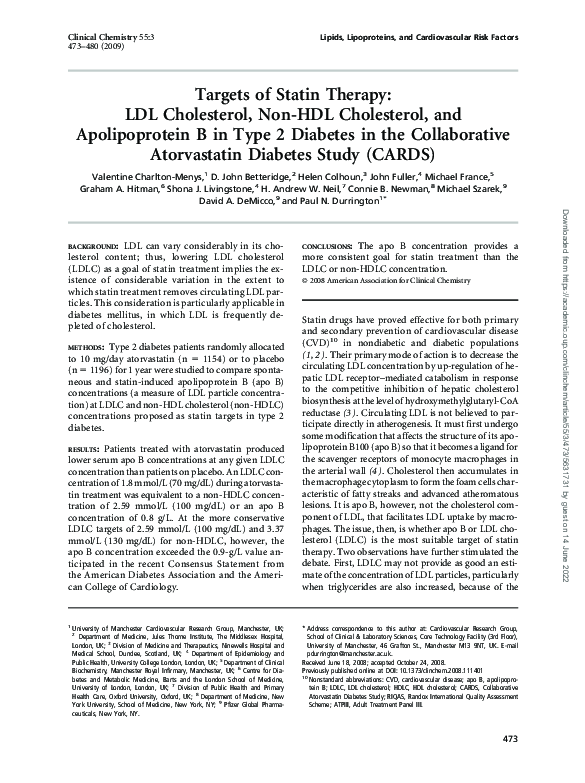 (PDF) Targets of Statin Therapy: LDL Cholesterol, Non-HDL Cholesterol ...