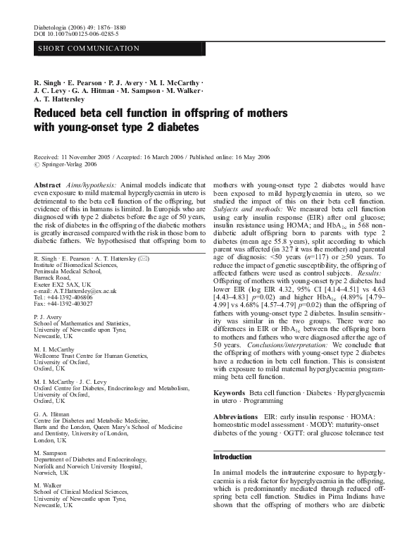(PDF) Reduced beta cell function in offspring of mothers with young ...