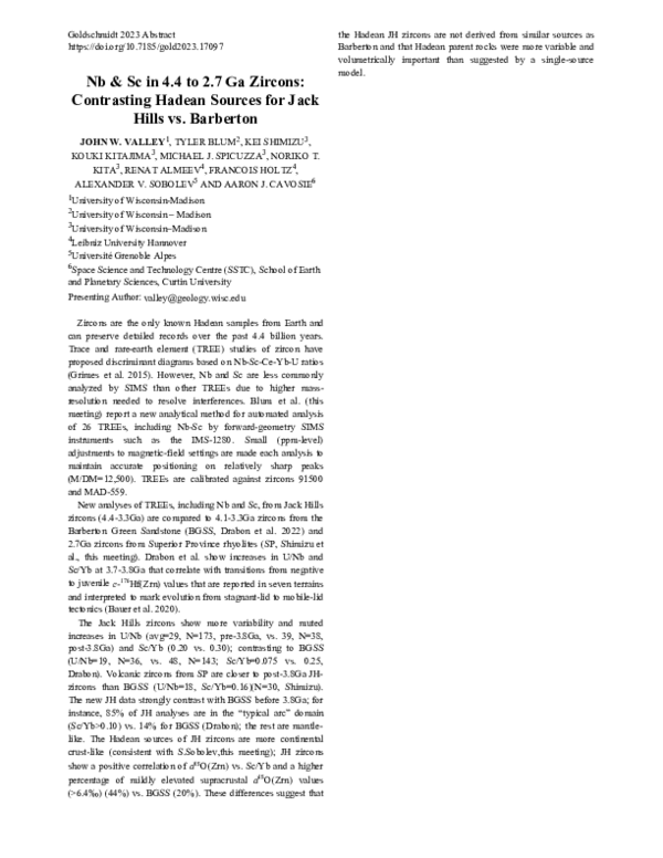(PDF) Nb & Sc in 4.4 to 2.7 Ga Zircons: Contrasting Hadean Sources for ...