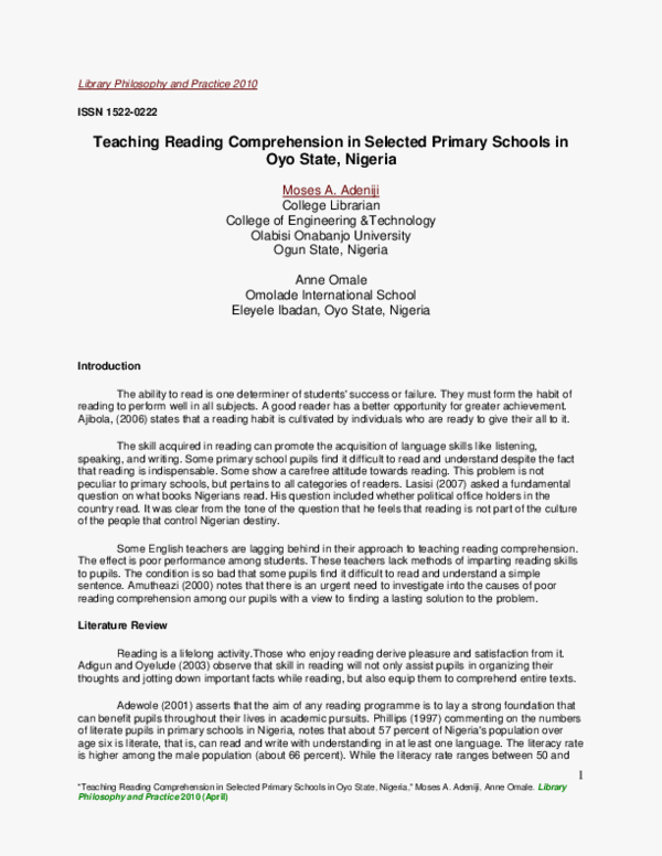 (PDF) Teaching Reading Comprehension in Selected Primary Schools in Oyo ...