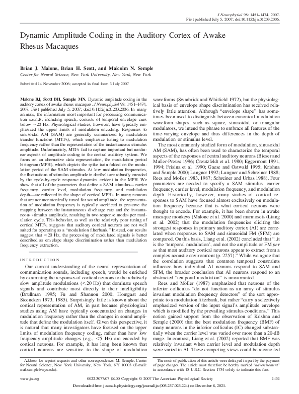 (PDF) Dynamic Amplitude Coding in the Auditory Cortex of Awake Rhesus ...