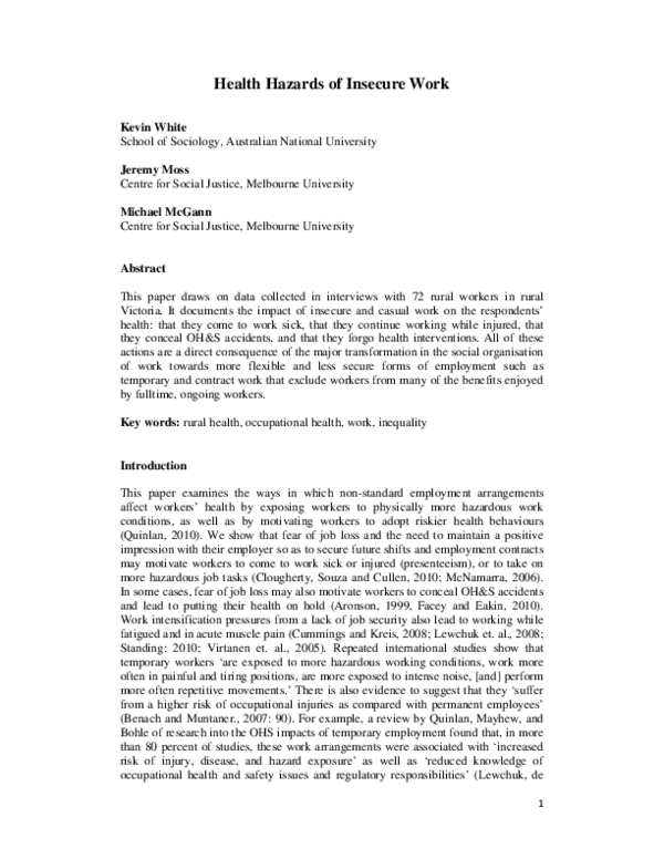 (PDF) Health Hazards of Insecure Work