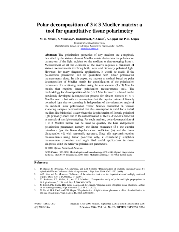 (PDF) Polar decomposition of 3 x 3 Mueller matrix: a tool for ...