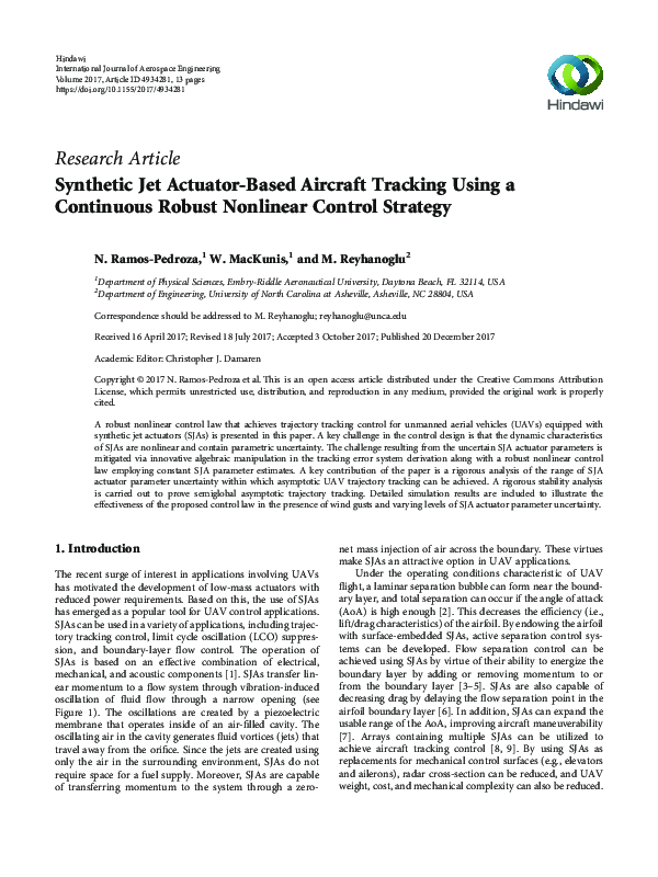 (PDF) Synthetic Jet Actuator-Based Aircraft Tracking Using a Continuous ...