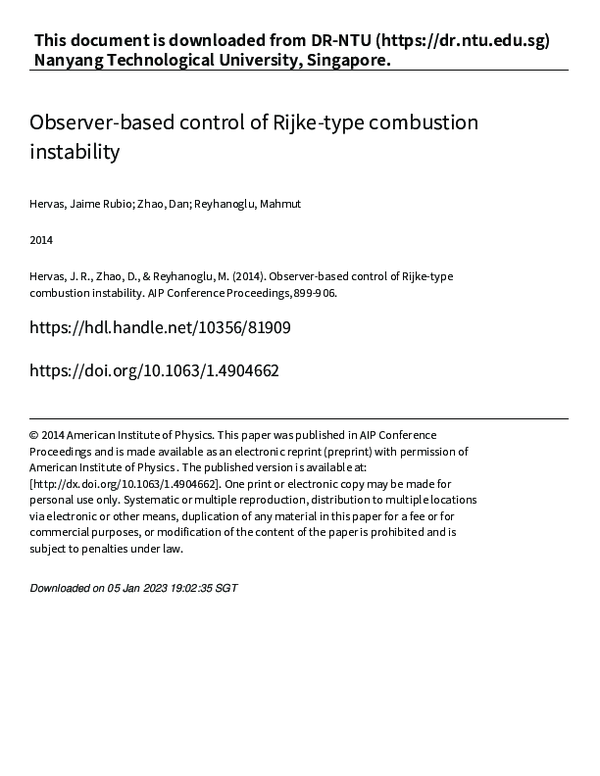 (PDF) Observer-based control of Rijke-type combustion instability