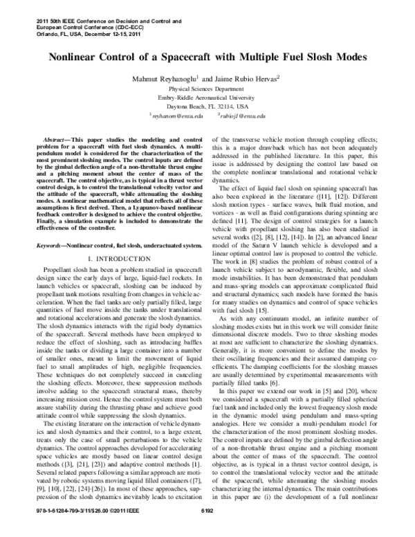 (PDF) Nonlinear control of a spacecraft with multiple fuel slosh modes