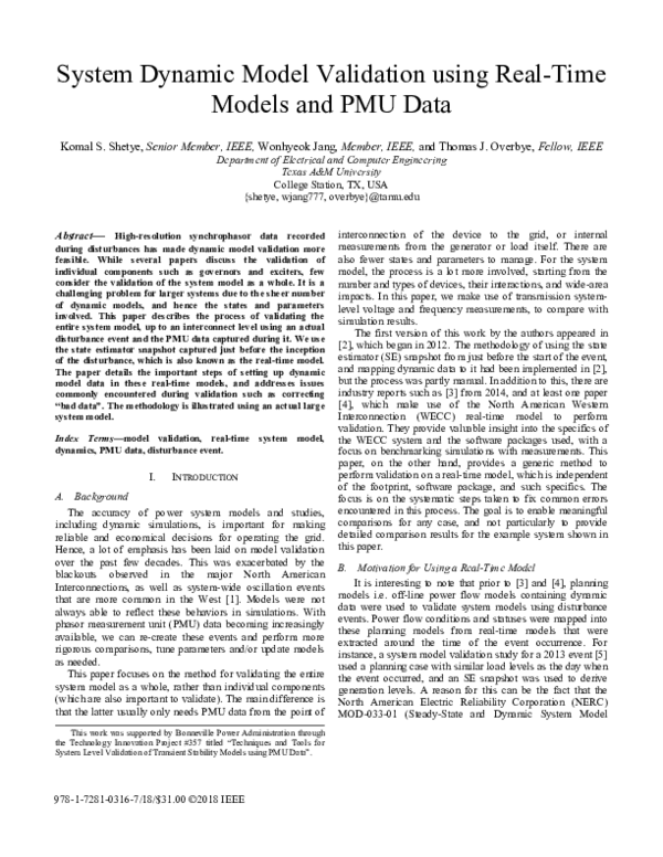 (PDF) System Dynamic Model Validation using Real-Time Models and PMU Data