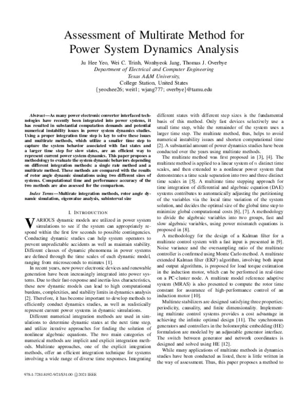 (PDF) Assessment of Multirate Method for Power System Dynamics Analysis