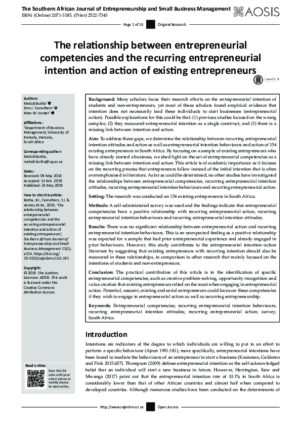 (PDF) The relationship between entrepreneurial competencies and the ...