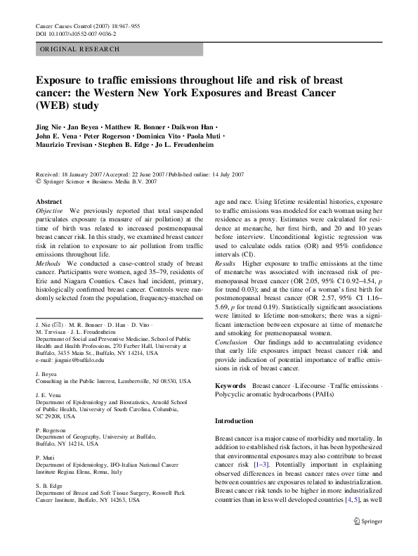 (PDF) Exposure to traffic emissions throughout life and risk of breast ...