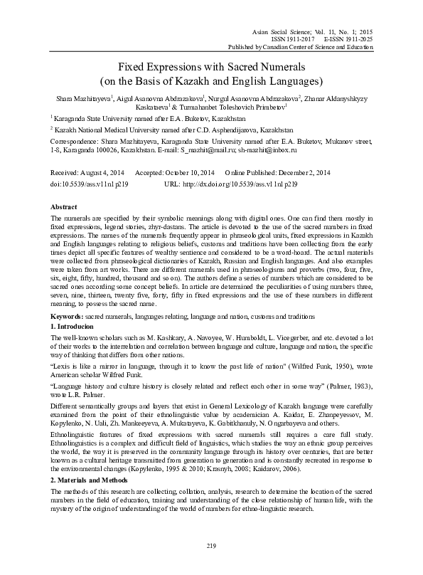 (PDF) Fixed Expressions with Sacred Numerals (on the Basis of Kazakh ...