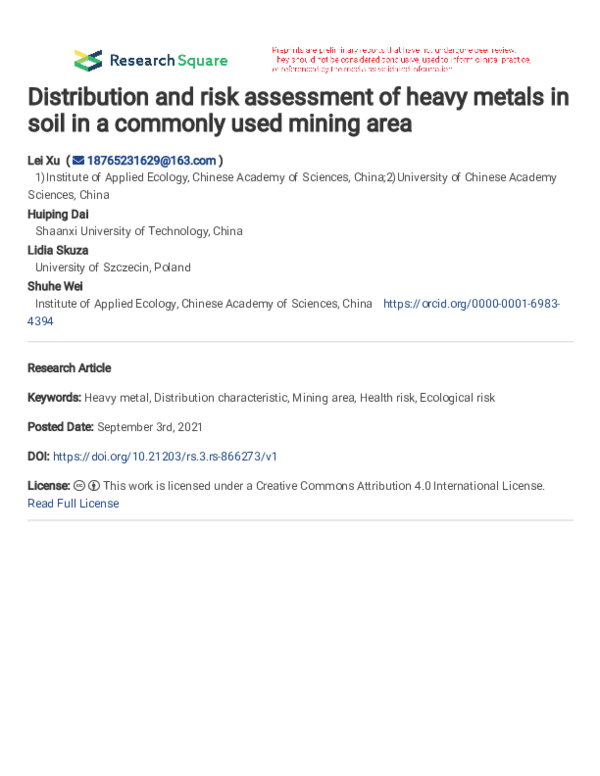 (PDF) Distribution and risk assessment of heavy metals in soil in a ...