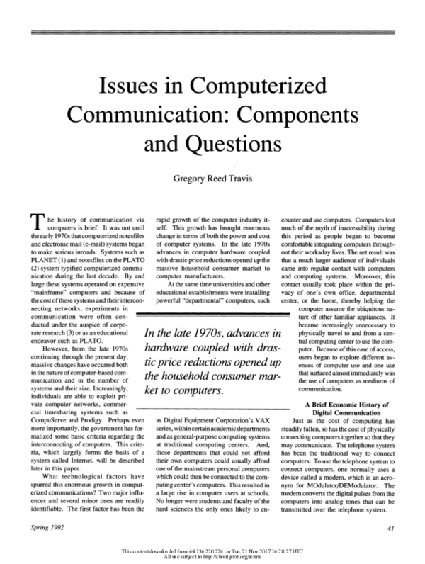 (PDF) Issues in Computerized Communication: Components and Questions