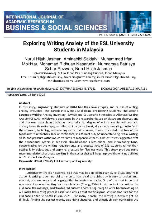 (PDF) Exploring Writing Anxiety of the ESL University Students in Malaysia