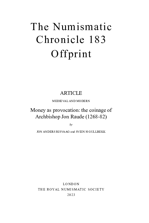 (PDF) Money as provocation: the coinage of Archbishop Jon Raude (1268-82)