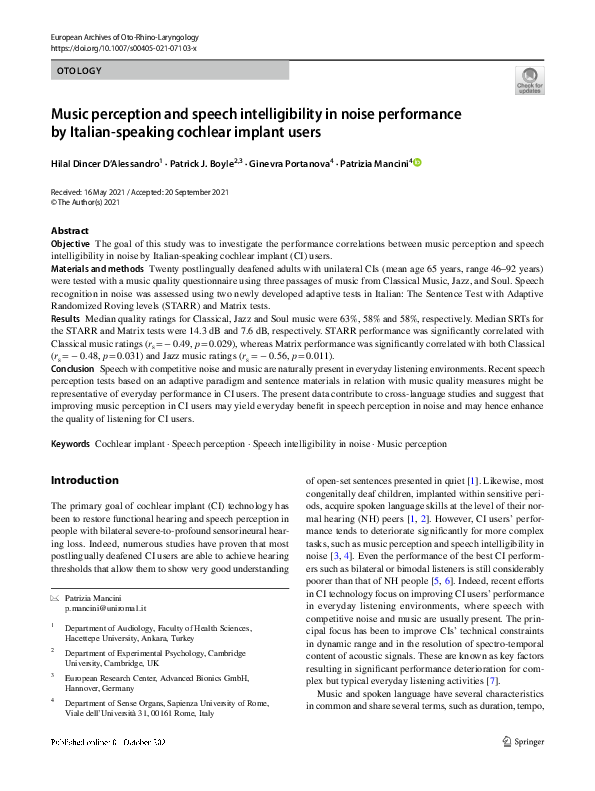 (PDF) Music perception and speech intelligibility in noise performance ...