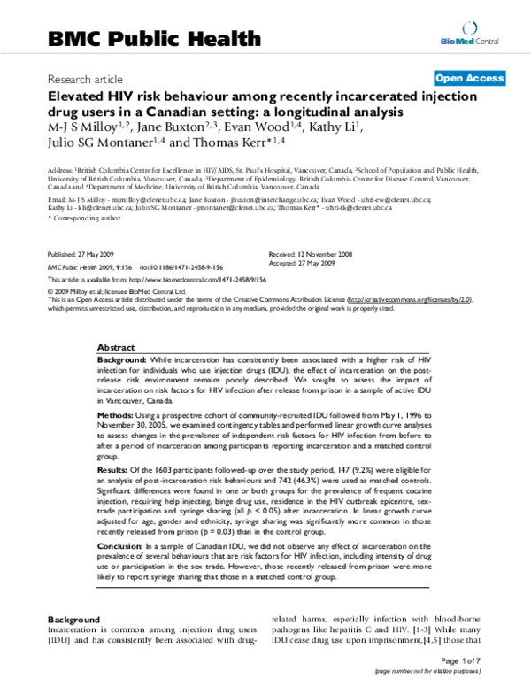 (PDF) Elevated HIV risk behaviour among recently incarcerated injection ...