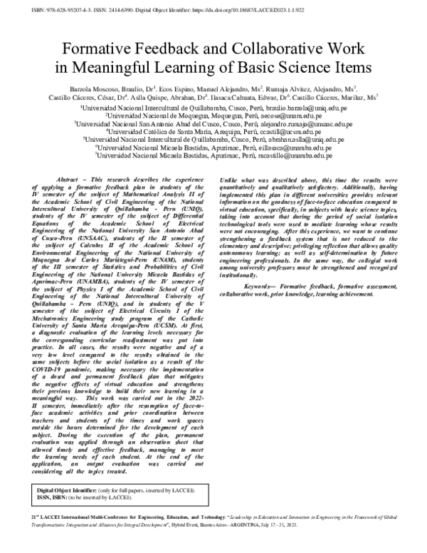 (PDF) Formative Feedback and Collaborative Work in the Meaningful ...