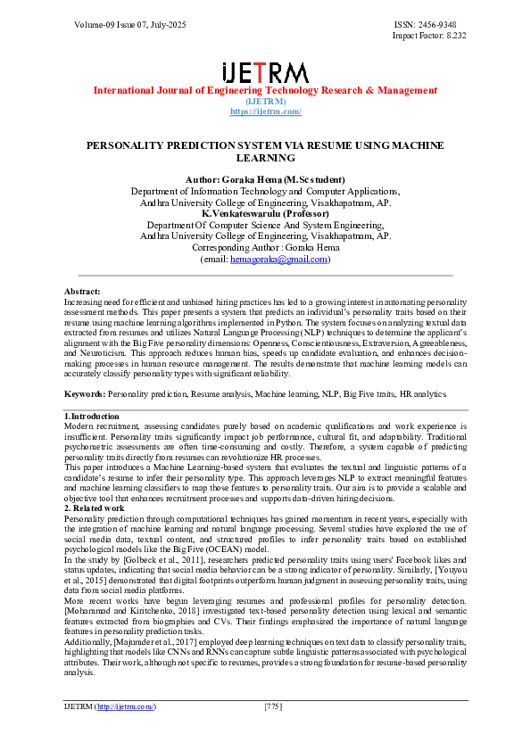 Pdf Personality Prediction System Via Resume Using Machine Learning