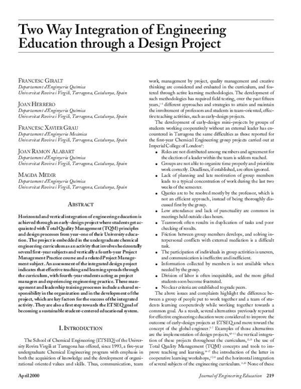 (PDF) Two Way Integration of Engineering Education through a Design Project