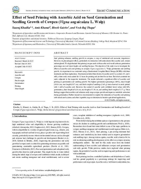 (PDF) Effect of Seed Priming with Ascorbic Acid on Seed Germination and ...