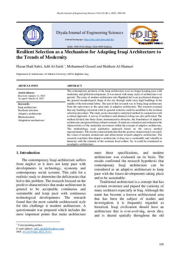 (PDF) Resilient Selection as a Mechanism for Adapting Iraqi ...