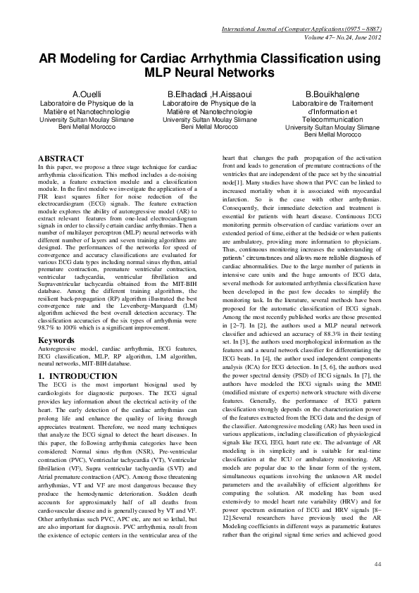 (PDF) AR Modeling for Cardiac Arrhythmia Classification using MLP ...