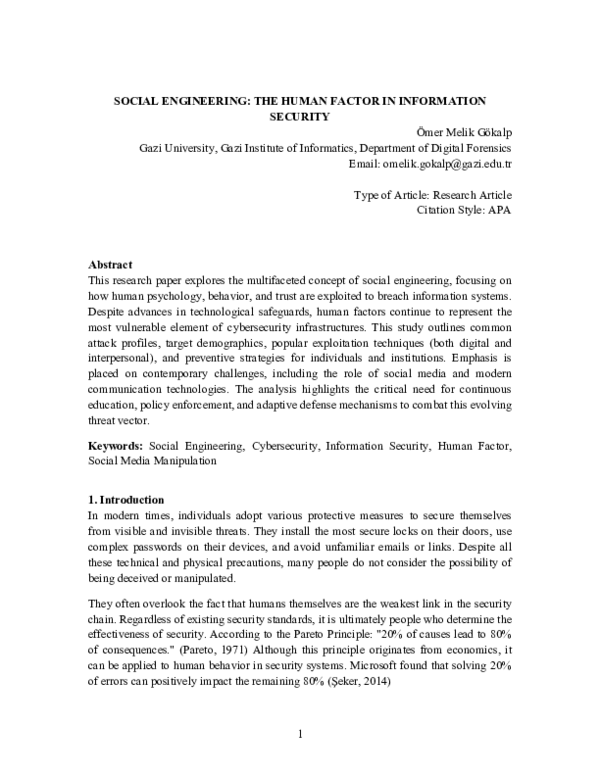 (PDF) SOCIAL ENGINEERING: THE HUMAN FACTOR IN INFORMATION SECURITY
