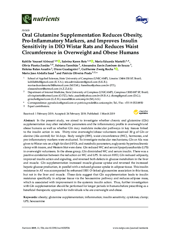(PDF) Oral Glutamine Supplementation Reduces Obesity, Pro-Inflammatory ...